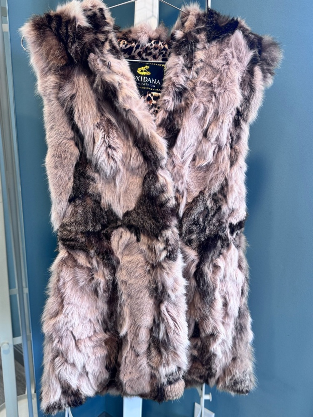Vintage Real Fur Hooded Vest Leopard Print Pockets